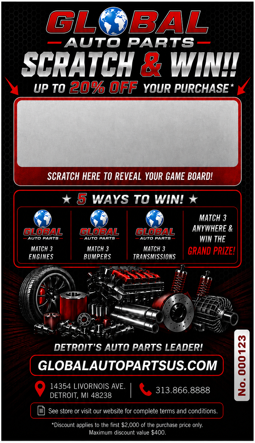 Front of the Global Auto Parts Scratch and Win promotion ticket